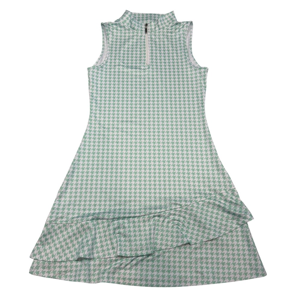 Mint Green Houndstooth Sleeveless Quarter Zip Ruffle Hem Athletic Dress XS
